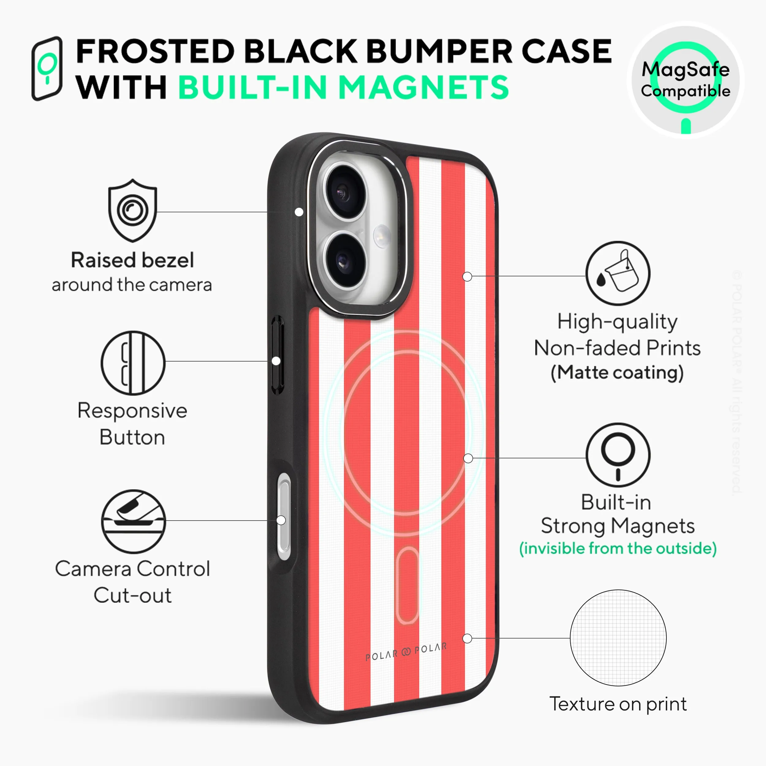Scarlet Stripe - iPhone 16 Plus Frosted Black Bumper MagSafe Case