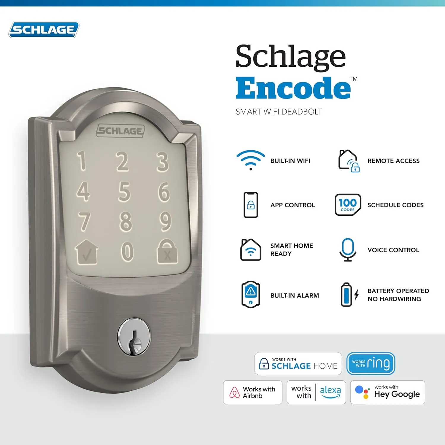 Schlage Encode Smart WiFi Deadbolt Lock for Front Door - Keyless Entry with App or Touchscreen - Works with Alexa, Apple HomeKit, Hey Google, & Airbnb - Create Codes for Guests - Satin Nickel Silver