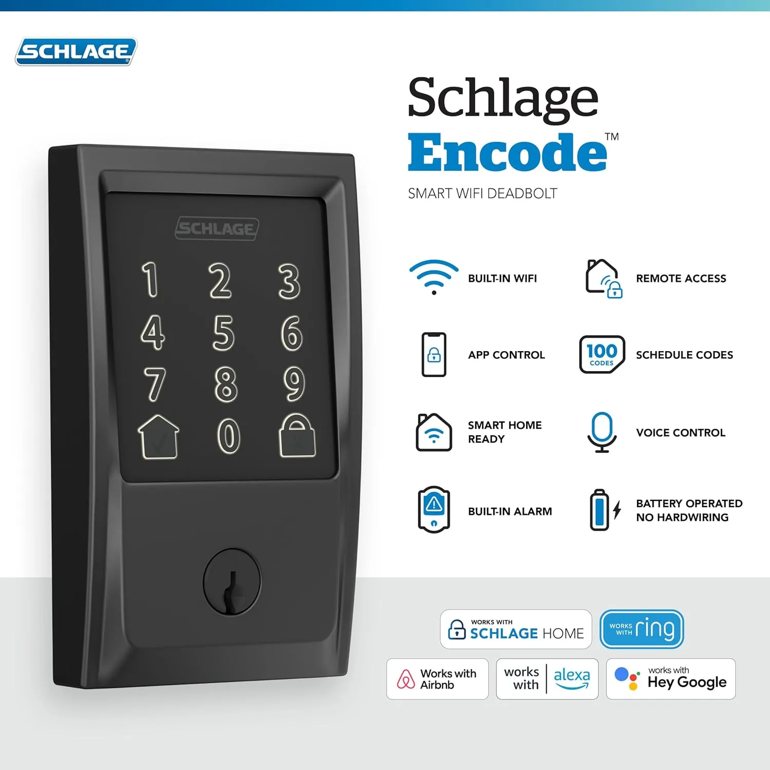 Schlage Encode Smart WiFi Deadbolt Lock for Front Door - Keyless Entry with App or Touchscreen - Works with Alexa, Hey Google, & Airbnb - Create Codes for Guests - Matte Black