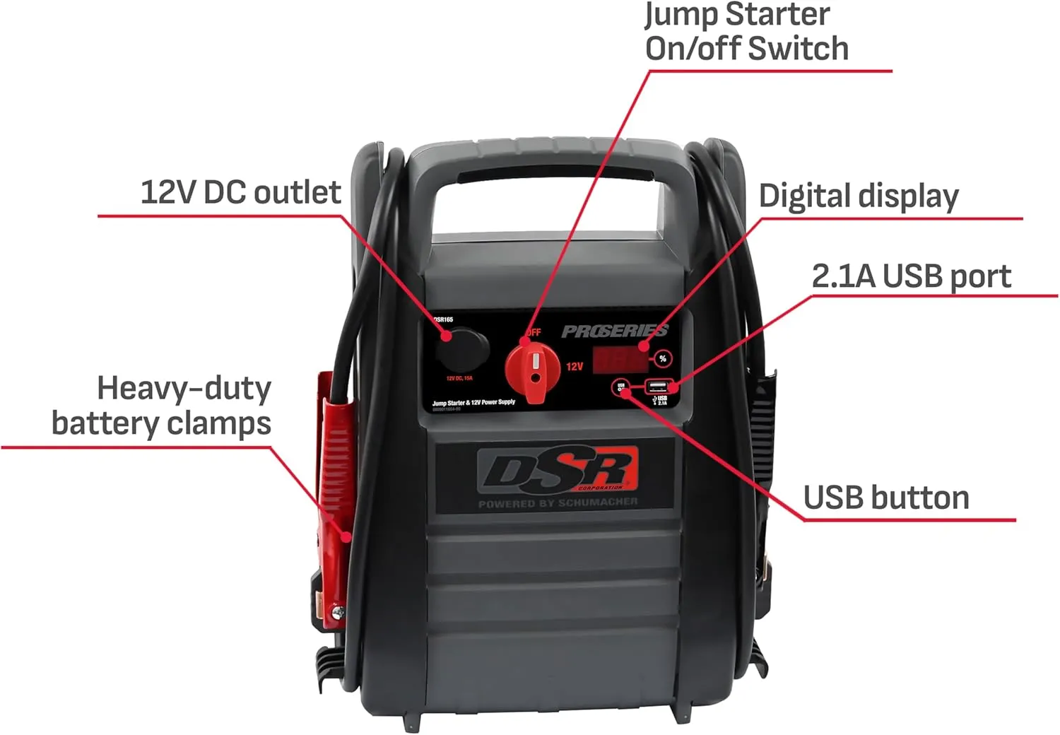 Schumacher Electric DSR ProSeries Car Battery Jump Starter - 2200 Peak Amp 12V Car Starter, Jump Box & Portable Power Station - Digital Display, Heavy-Duty Clamps - DSR165