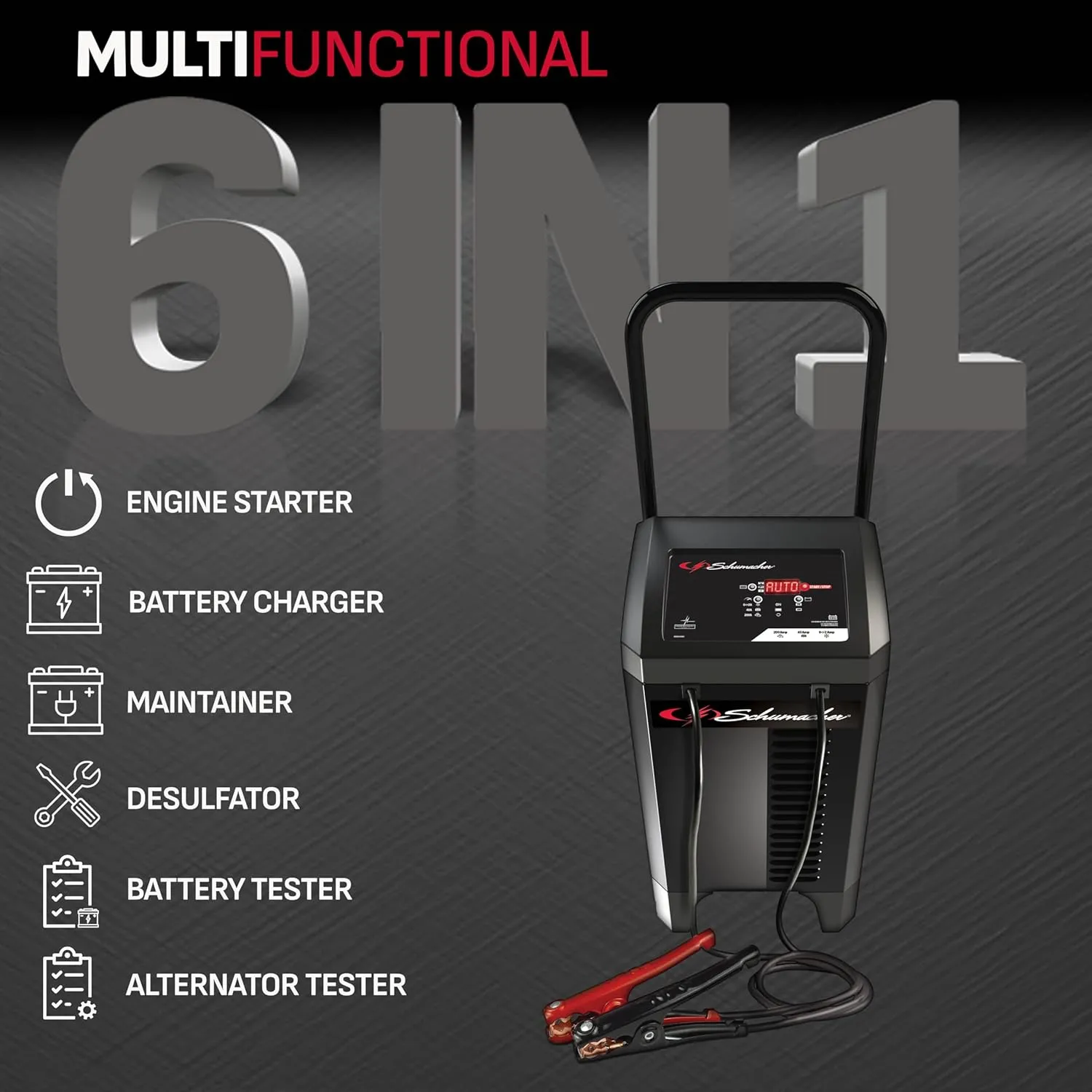 Schumacher Electric Wheeled Battery Charger and Engine Starter, SC1353, 6-in-1, Fully Automatic, with Diagnostics, 200 Cranking Amps, 40 Amp Boost Mode, 6V, 12V, for Car, Truck, and Marine Batteries