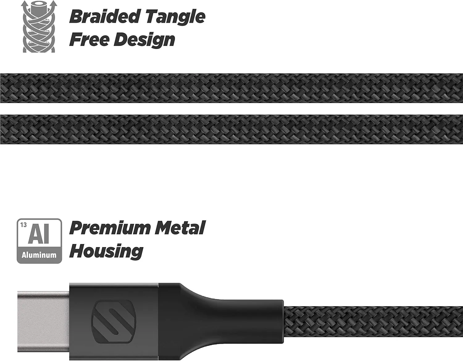Scosche CCB4SG-SP Strikeline Premium USB-C to USB-C Sync Braided Charging Cable, 4 feet, Space Gray