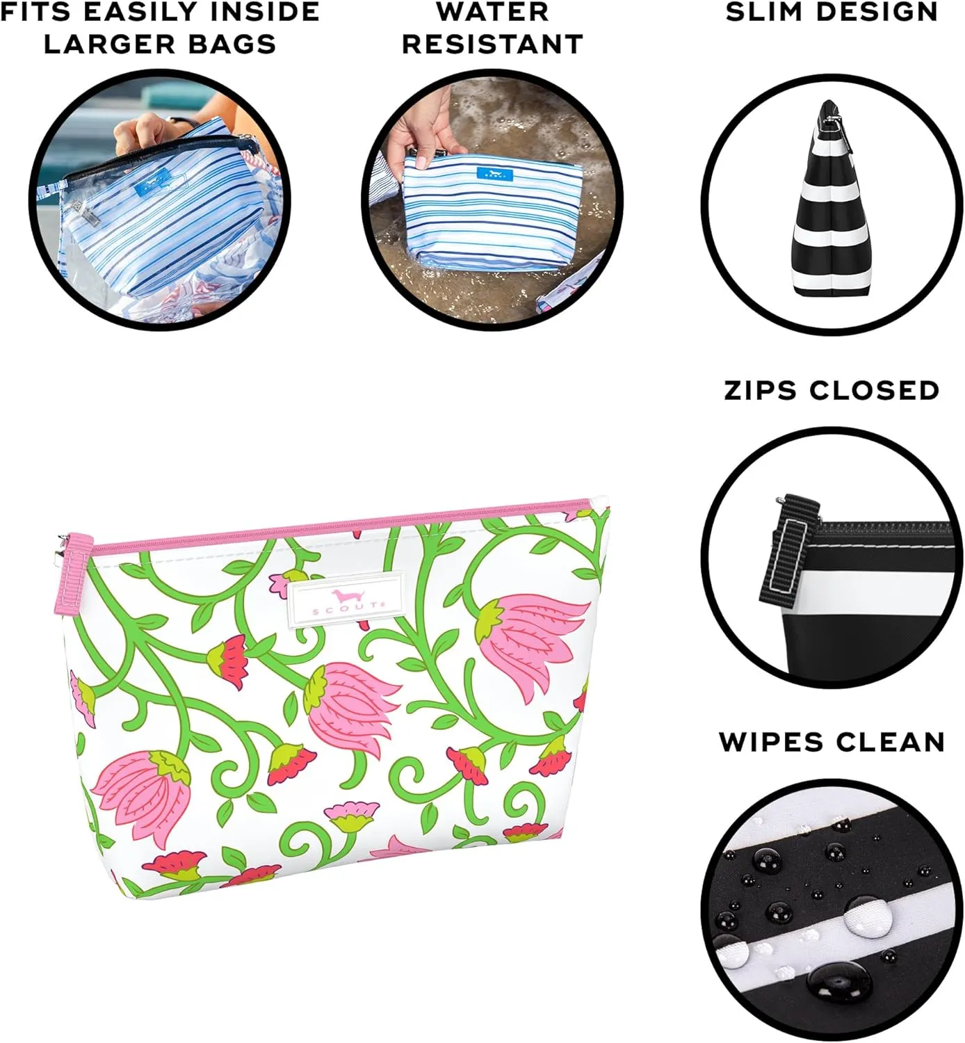 SCOUT Twiggy Makeup Bag, Slim Water-Resistant Pouch Zips Shut, Wipes Clean, Packs Easily