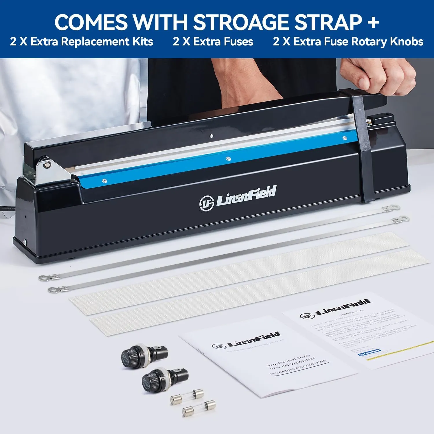 Sealer Pro, Patented 12inch Impulse Heat Bag Sealer, 7mm Sealing Width Poly Bag Seal Machine, 2 Replacement Kits 1 Extra Fuse Included, Black
