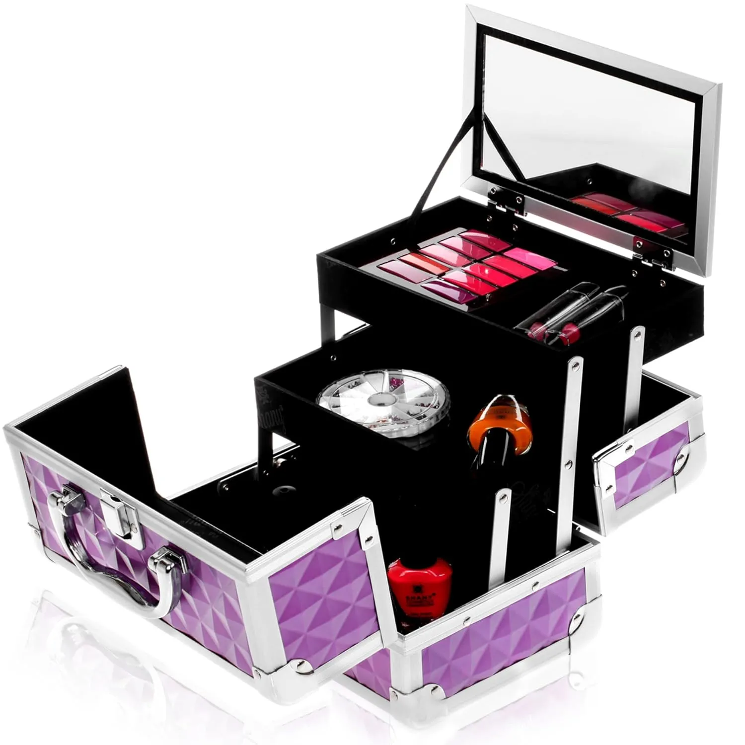 SHANY Chic Makeup Train Case Cosmetic Box Portable Makeup Case Cosmetics Beauty Organizer Jewelry storage with Locks, Multi trays Makeup Storage Box with Makeup Mirror - Purple