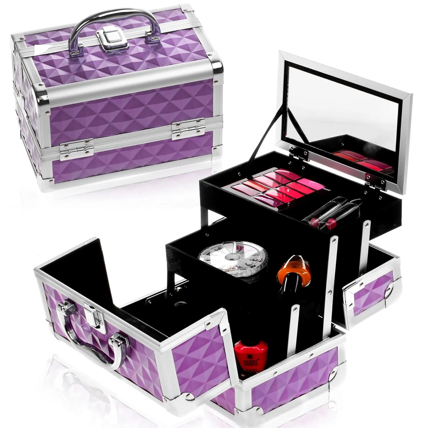 SHANY Chic Makeup Train Case Cosmetic Box Portable Makeup Case Cosmetics Beauty Organizer Jewelry storage with Locks, Multi trays Makeup Storage Box with Makeup Mirror - Purple