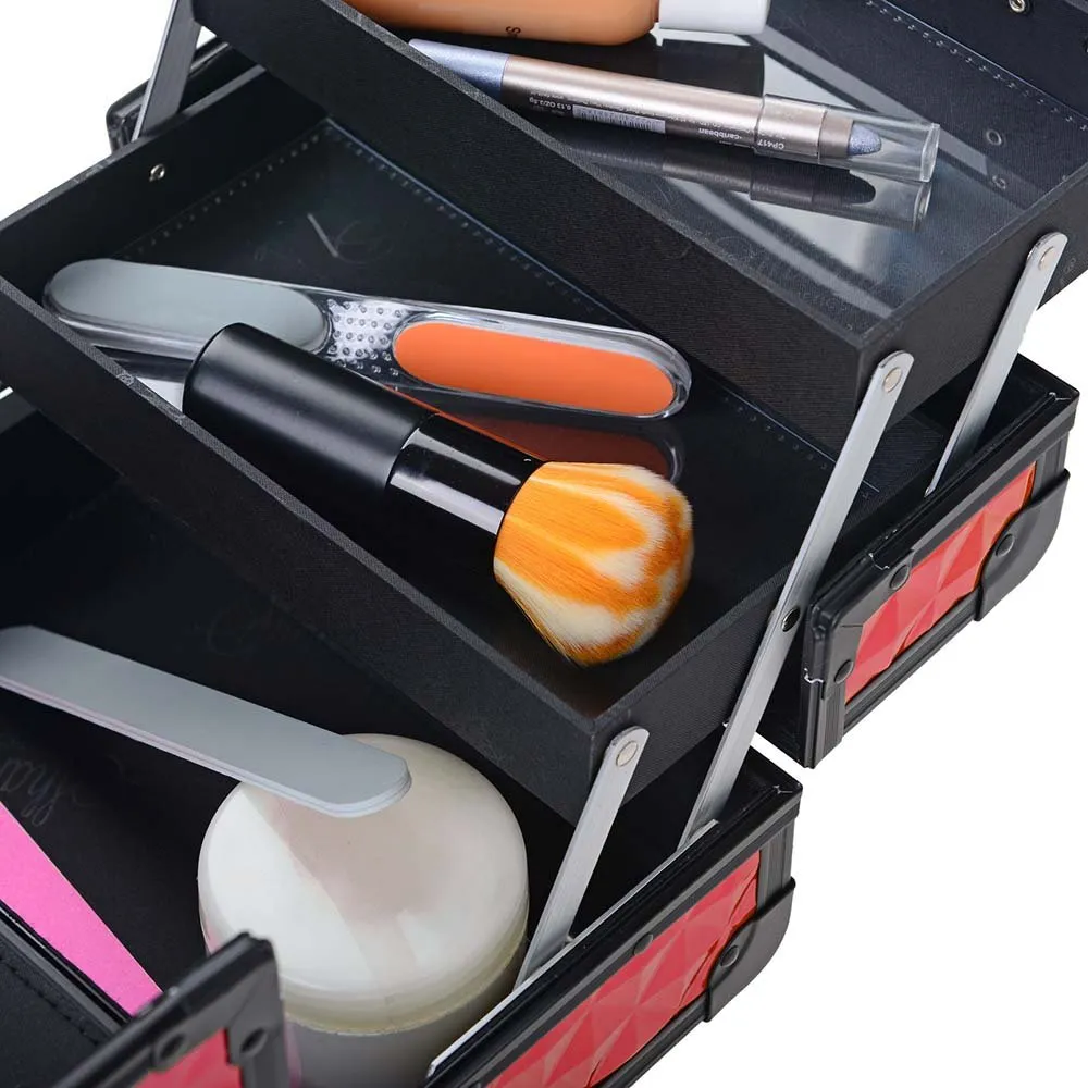 SHANY Chic Makeup Train Case Cosmetic Box Portable Makeup Case Cosmetics Beauty Organizer Jewelry storage with Locks, Multi trays Makeup Storage Box with Makeup Mirror - Ruby Red
