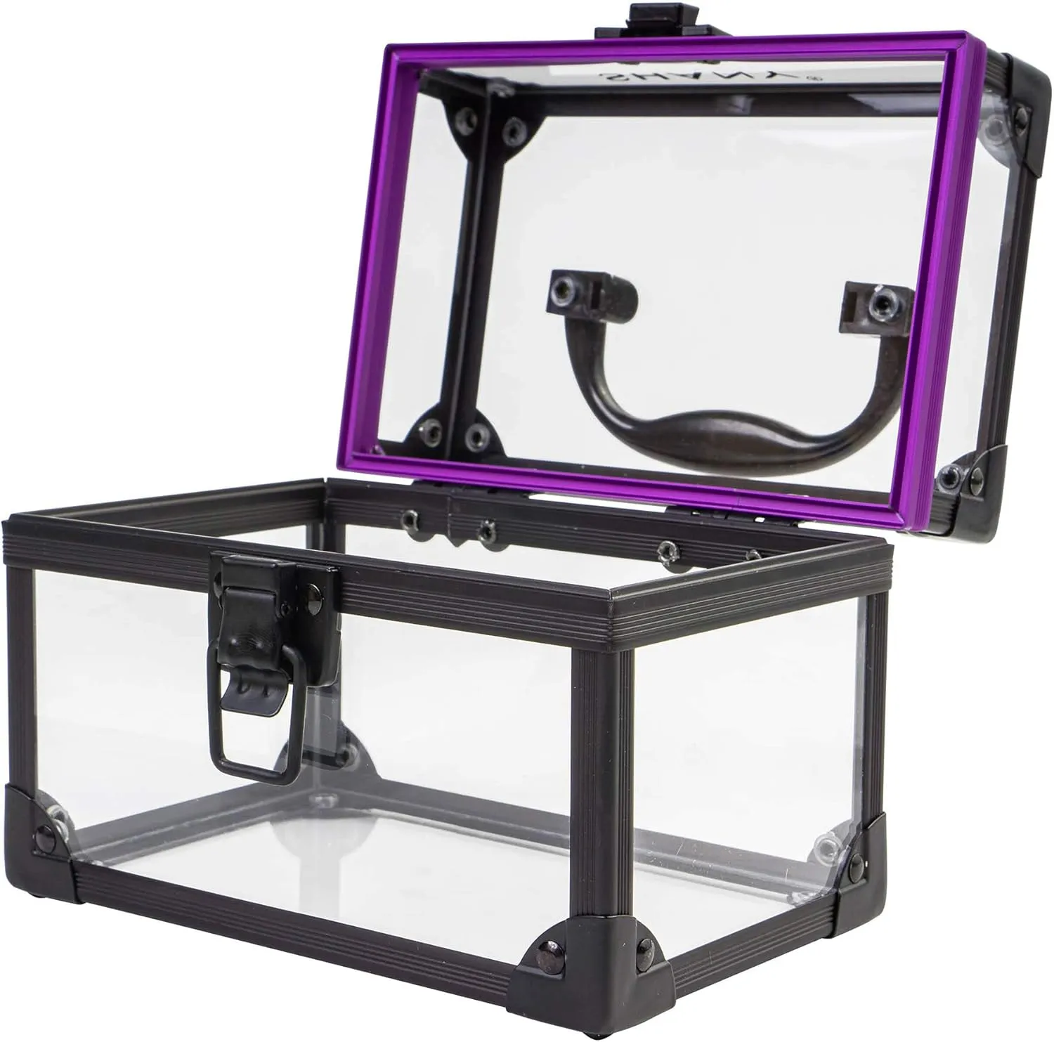 SHANY Clear Cosmetics and Toiletry Train Case - Clear Travel Makeup Bag Case Organizer with Secure Closure and Black/Purple Accents