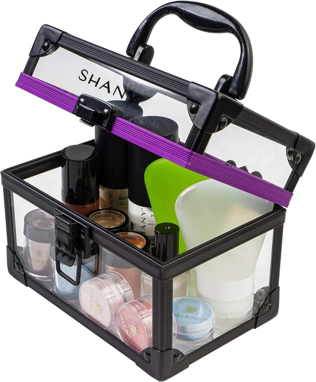 SHANY Clear Cosmetics and Toiletry Train Case - Clear Travel Makeup Bag Case Organizer with Secure Closure and Black/Purple Accents