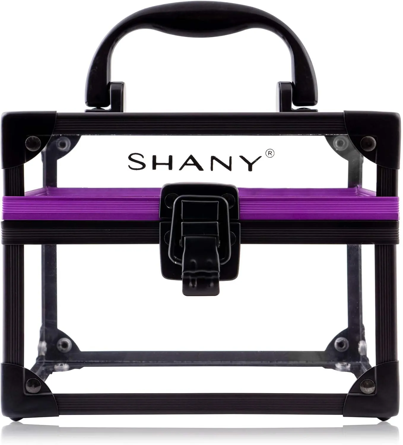 SHANY Clear Cosmetics and Toiletry Train Case - Clear Travel Makeup Bag Case Organizer with Secure Closure and Black/Purple Accents