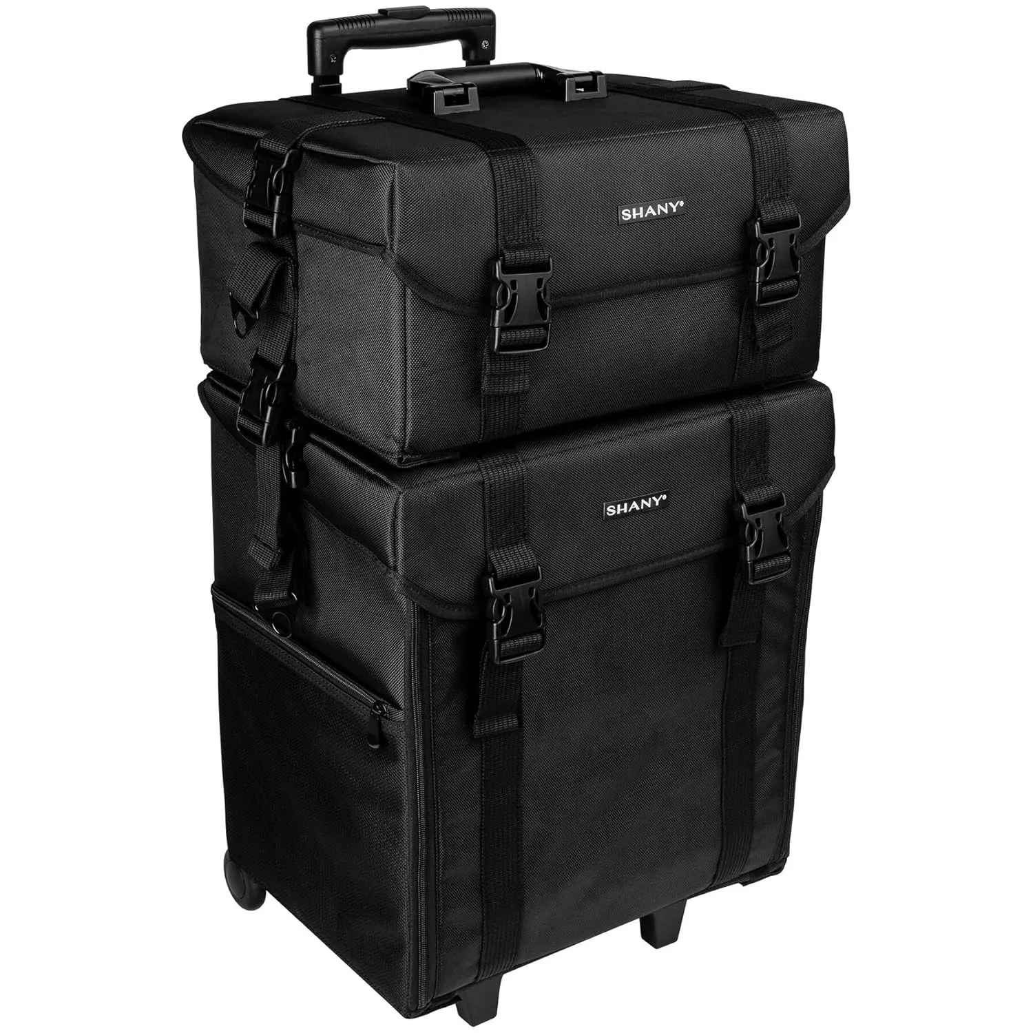 SHANY Cosmetics 2 Compartment Soft Black Rolling Trolley Makeup Case with Free 3 Piece Organizer Mesh Bags, 28 Inch