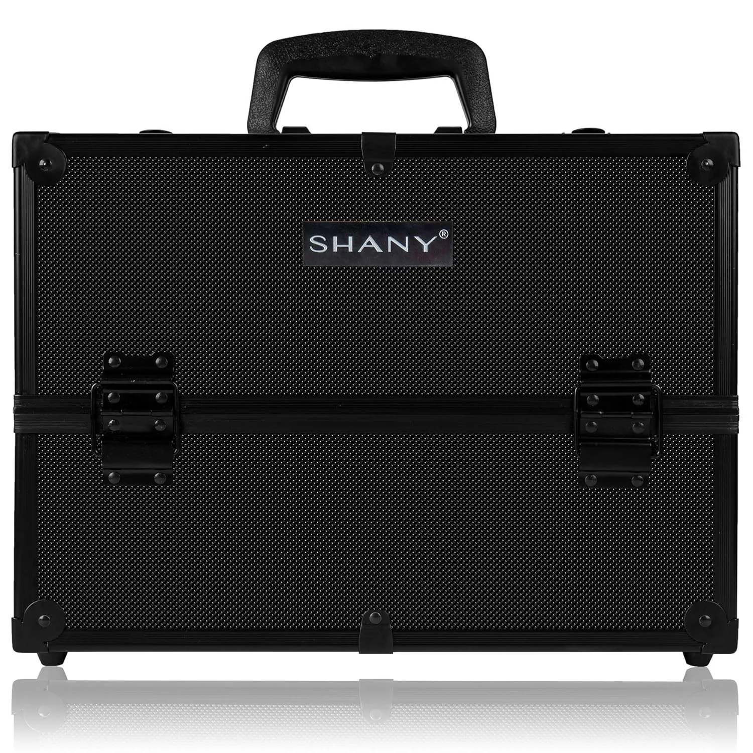 SHANY Essential Pro Makeup Train Case Cosmetic Box Portable Makeup Case Cosmetics Beauty Organizer Jewelry storage with Locks, Multi Compartments Makeup Box and Shoulder Strap - All Black