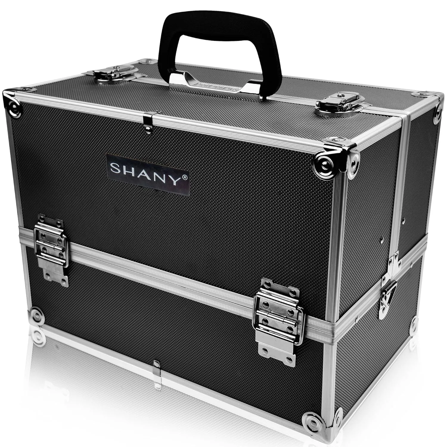 SHANY Essential Pro Makeup Train Case Cosmetic Box Portable Makeup Case Cosmetics Beauty Organizer Jewelry storage with Locks, Multi Compartments Makeup Box and Shoulder Strap - Jet black