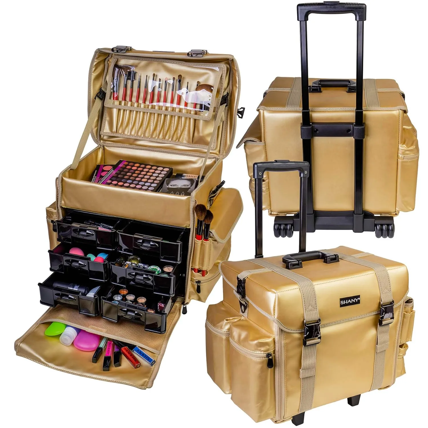 SHANY Makeup Artist Soft Rolling Trolley Cosmetic Case with Free Set of Mesh Bag Makeup Organizer - Travel Rolling Makeup Bag - Gold Medal