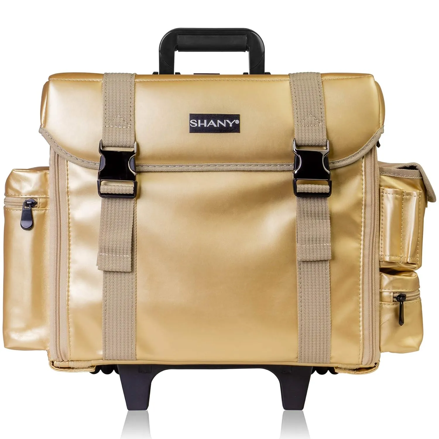 SHANY Makeup Artist Soft Rolling Trolley Cosmetic Case with Free Set of Mesh Bag Makeup Organizer - Travel Rolling Makeup Bag - Gold Medal