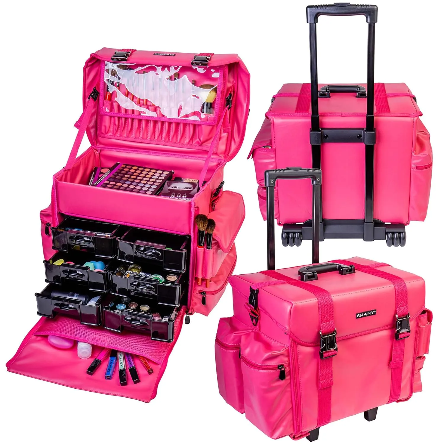 SHANY Makeup Artist Soft Rolling Trolley Cosmetic Case with Free Set of Mesh Bag Makeup Organizer - Travel Rolling Makeup Bag - Sweetheart