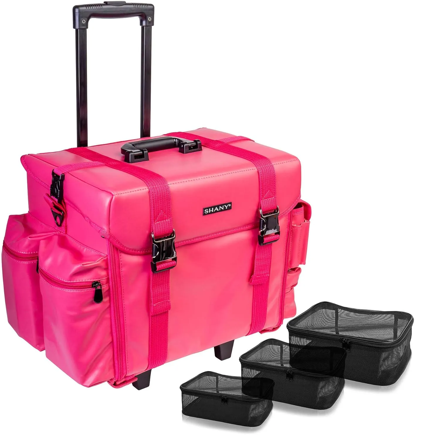 SHANY Makeup Artist Soft Rolling Trolley Cosmetic Case with Free Set of Mesh Bag Makeup Organizer - Travel Rolling Makeup Bag - Sweetheart