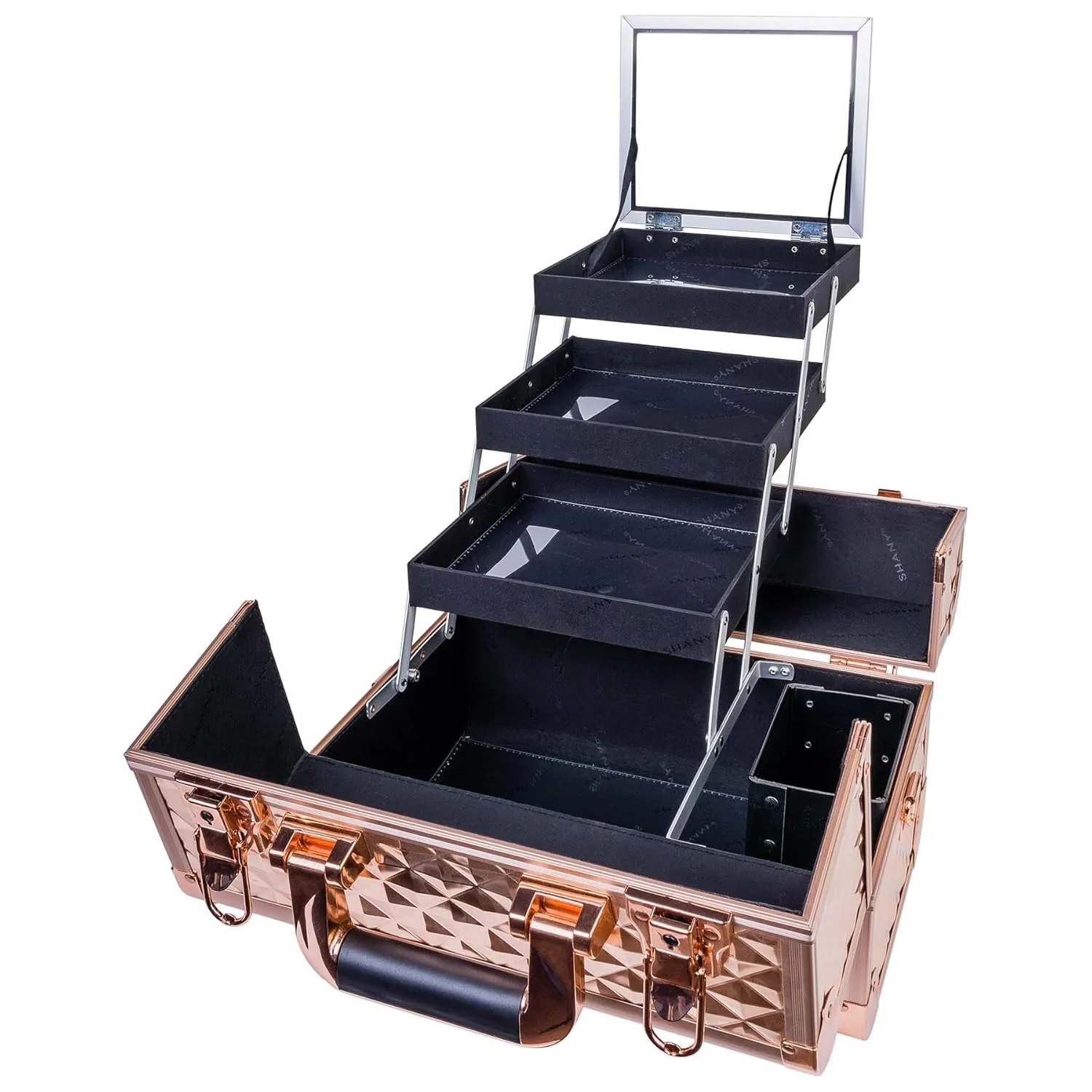 SHANY Premier Fantasy Professional Makeup Train Case Cosmetic Box Portable Makeup Case Organizer Jewelry storage with Locks, 3 Trays,Makeup Brush Holder and Cosmetics Mirror - Rose Gold