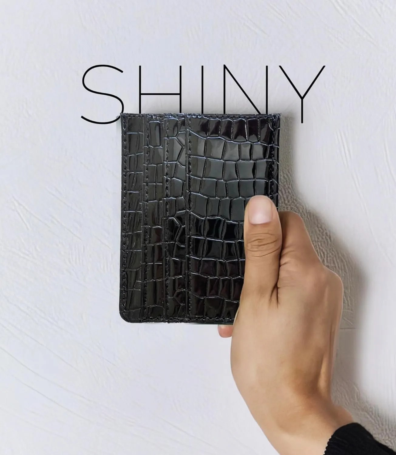 Shiny Slim Minimalistic Credit Card Holder Wallet Mirror Metallic Crock pattern (Black)