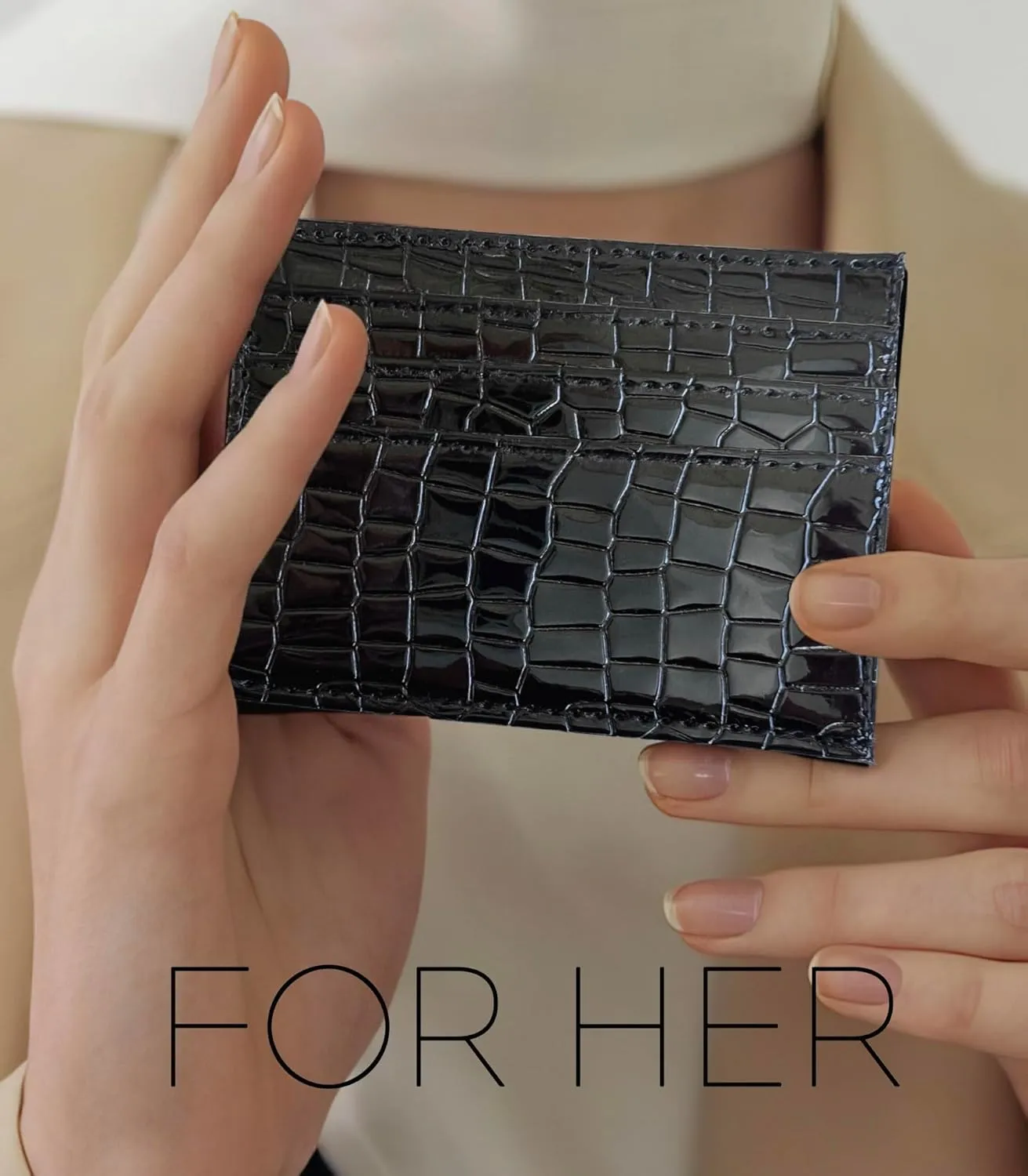 Shiny Slim Minimalistic Credit Card Holder Wallet Mirror Metallic Crock pattern (Black)