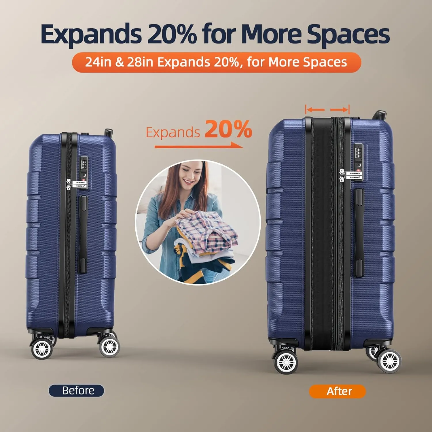 SHOWKOO Luggage Sets Expandable PC ABS Durable Suitcase Double Wheels TSA Lock Blue