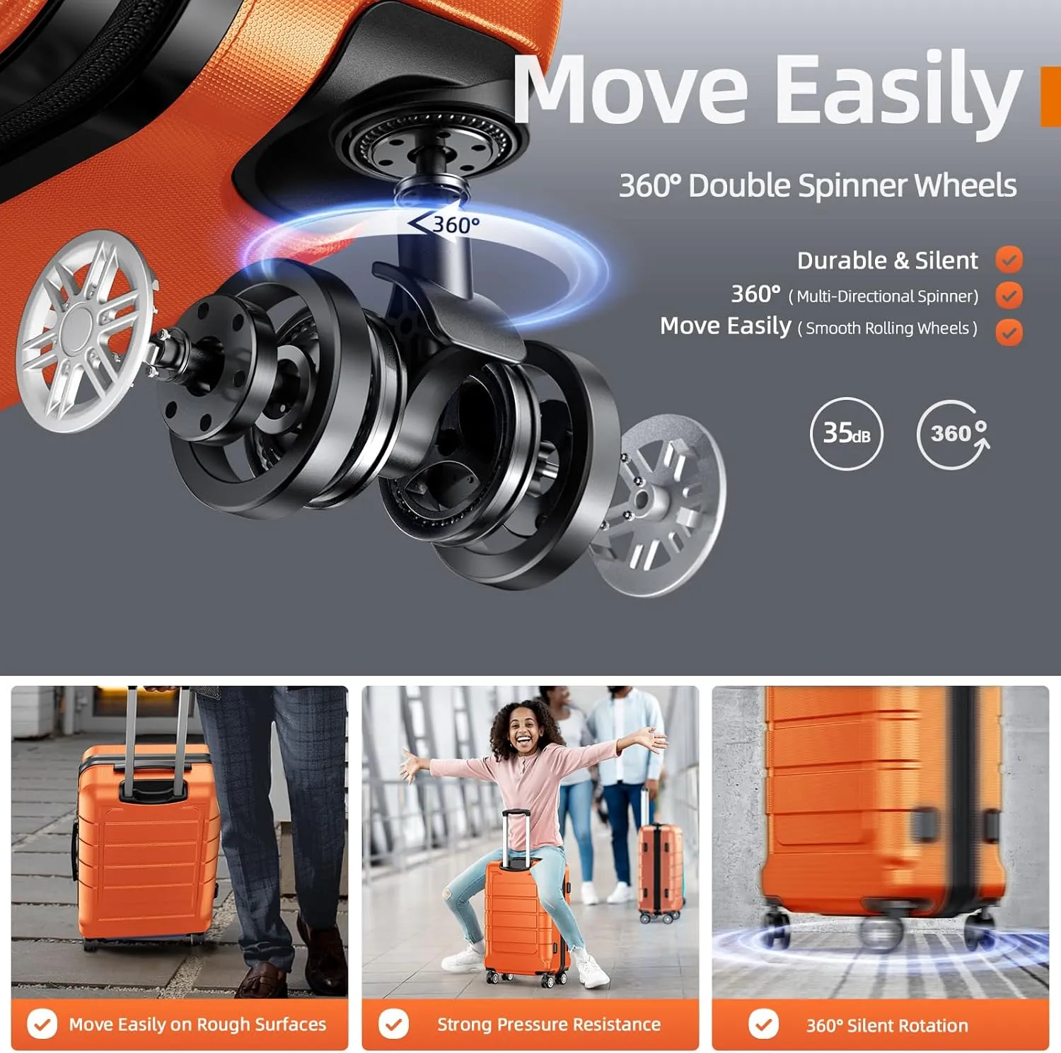 SHOWKOO Luggage Sets Expandable PC ABS Durable Suitcase Sets Double Wheels TSA Lock 4 Piece Luggage Set Orange