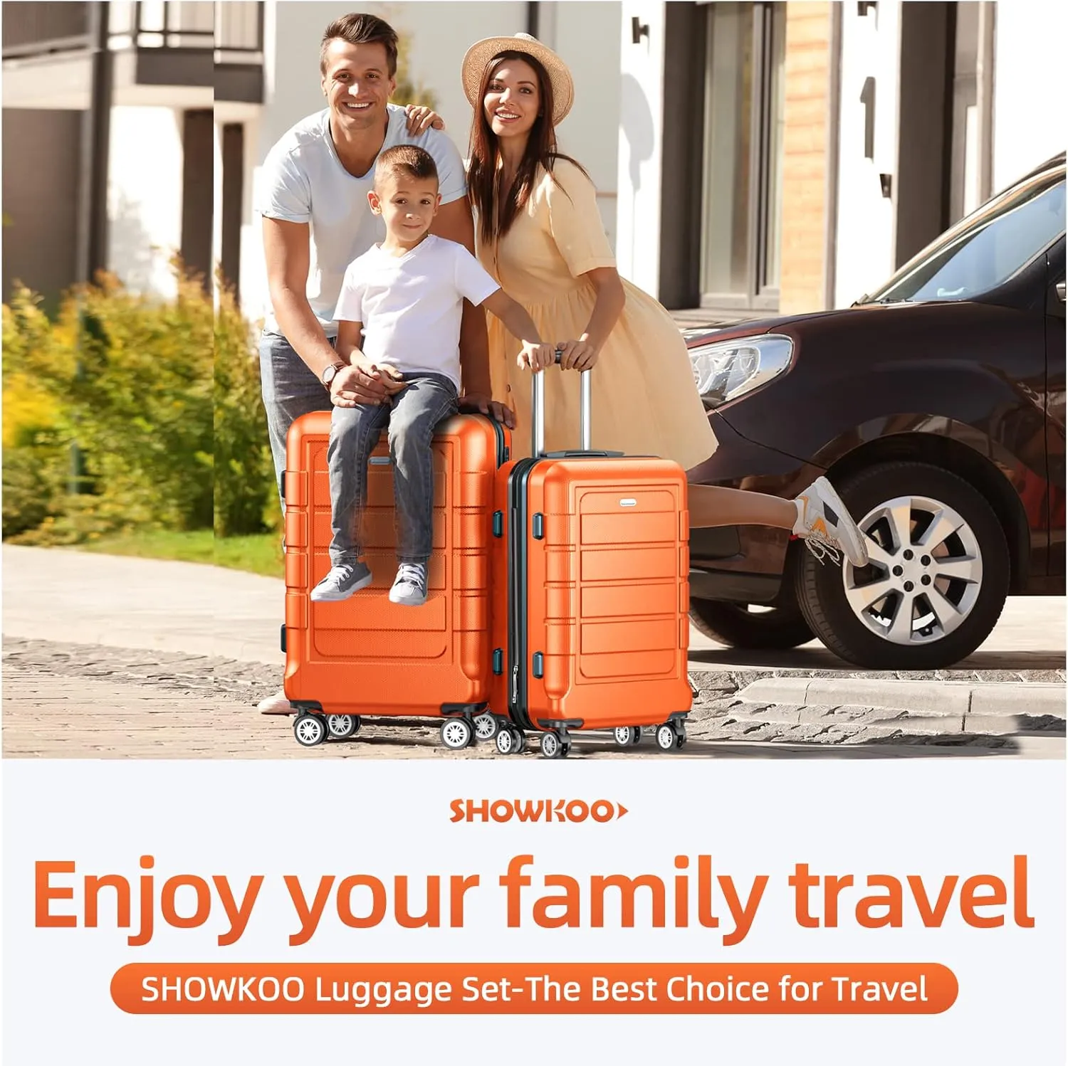SHOWKOO Luggage Sets Expandable PC ABS Durable Suitcase Sets Double Wheels TSA Lock 4 Piece Luggage Set Orange