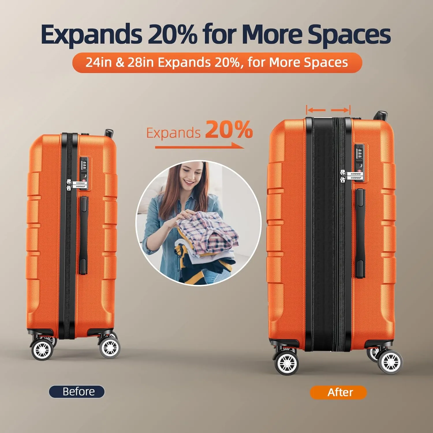 SHOWKOO Luggage Sets Expandable PC ABS Durable Suitcase Sets Double Wheels TSA Lock 4 Piece Luggage Set Orange