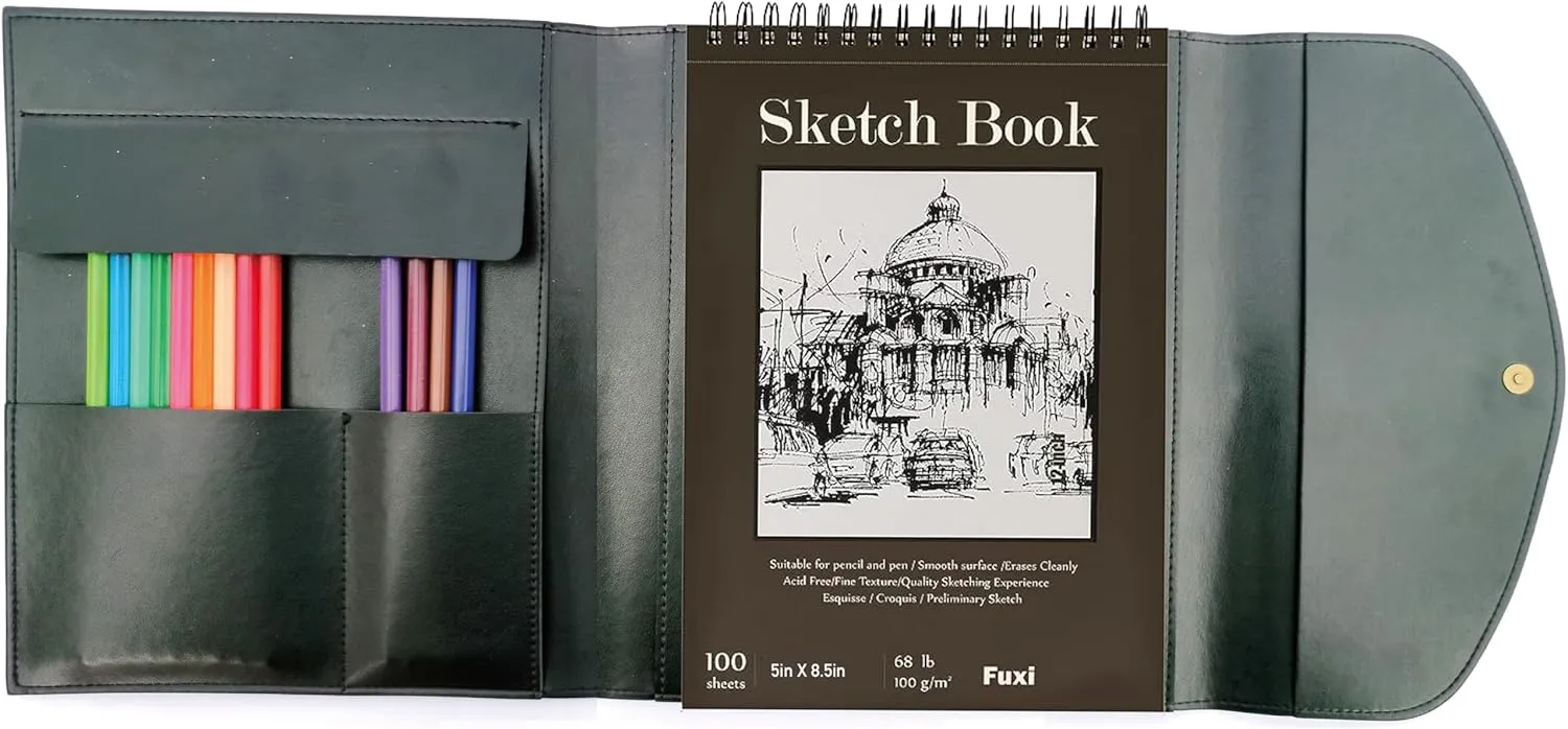 Sketchbook cover with pencil holder, Artist sketchbook leather cover artis Gifts, Drawing book and pencil case, Art book for drawing (for 5.5" x 8.5" Sketchbook)