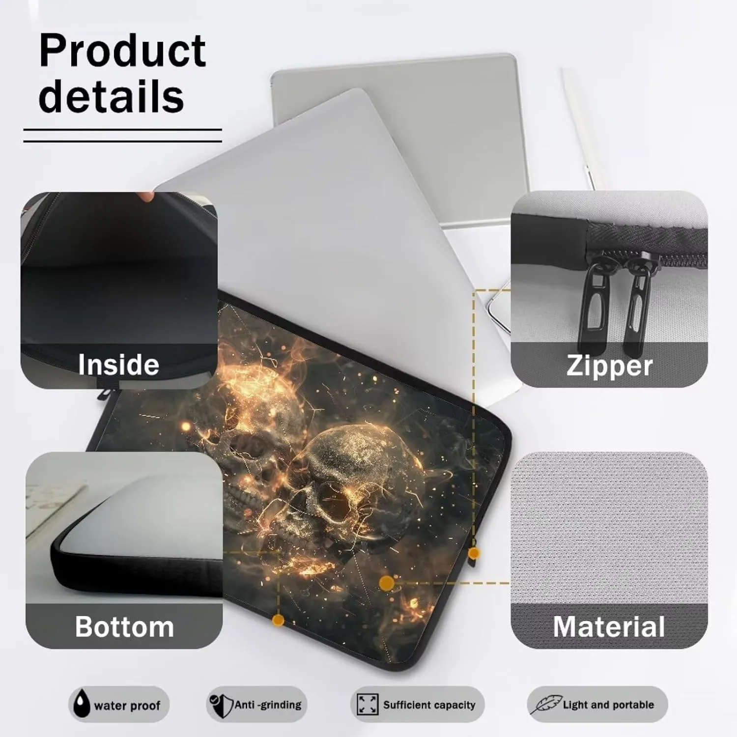 Skull Skeleton Flame Pattern Laptops Cases Sleeves for Women Men, Durable Computer Case Shoulder Bag with Zipper