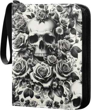 Skulls and Roses Card Binder 4 Pocket Trading Card Album Fits 400 Sports/Game Cards, PU Cover 3 Ring Card Collection with 50 Removable Sleeves