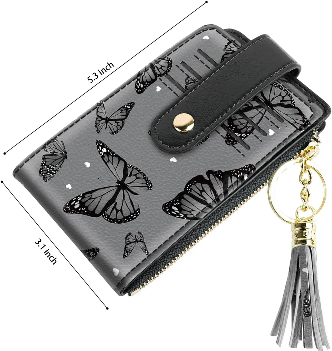 Slim Card Holder Wallet for Women RFID Blocking Leather Multi Card Bifold Wallet with Tassel Zipper Coin Pocket,Black Butterflies