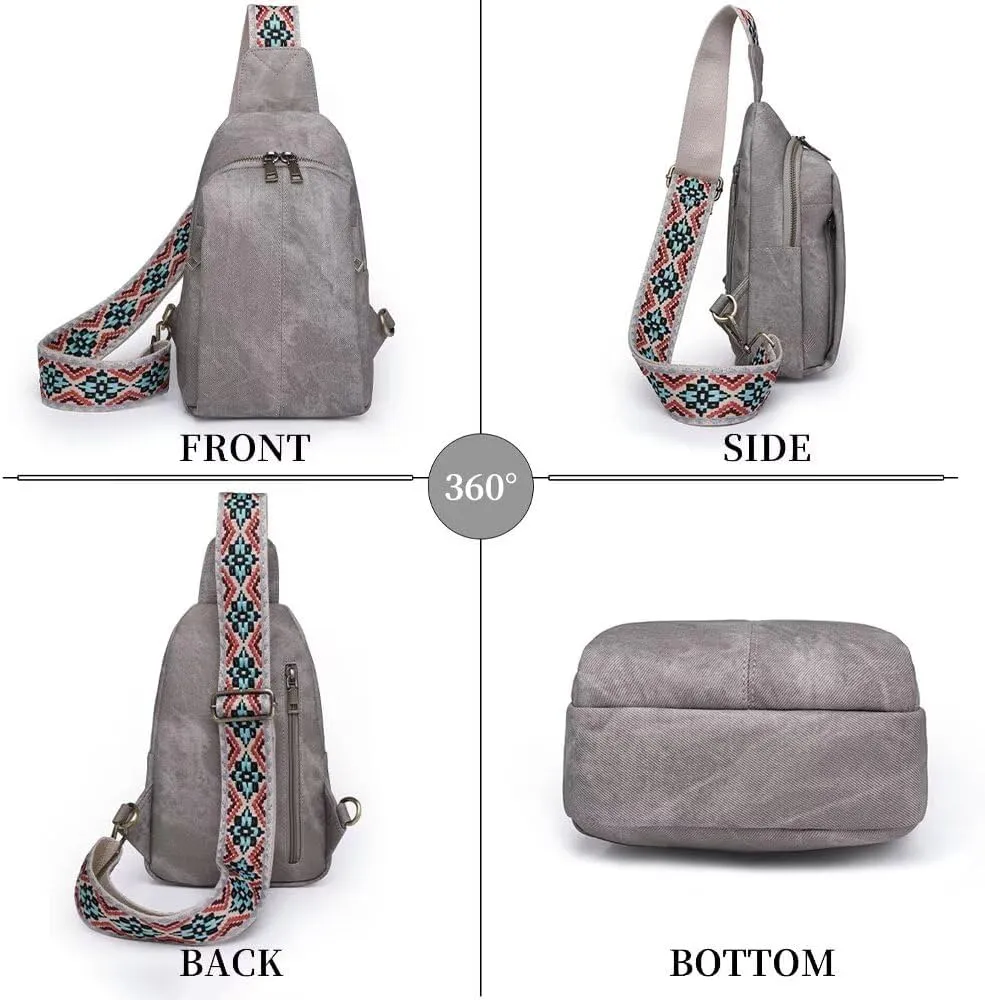 Sling Bag for Women Crossbody Purse Vegan Leather Crossbody Bags Fanny Pack Purse Backpack Over Shoulder Bag with Adjustable Guitar Strap for Travel, Grey