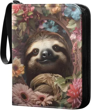 Sloth with Colorful Daisies Card Binder 4 Pocket Trading Card Binder Portable Cards Collection Book with Zipper