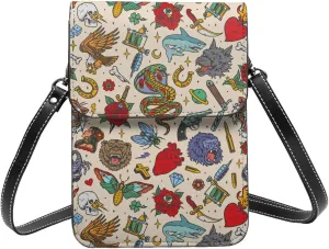 Small Crossbody Bags for Women, Leather Vintage Tattoo Elements Collage Cell Phone Cross Body Bag Wallet Purses