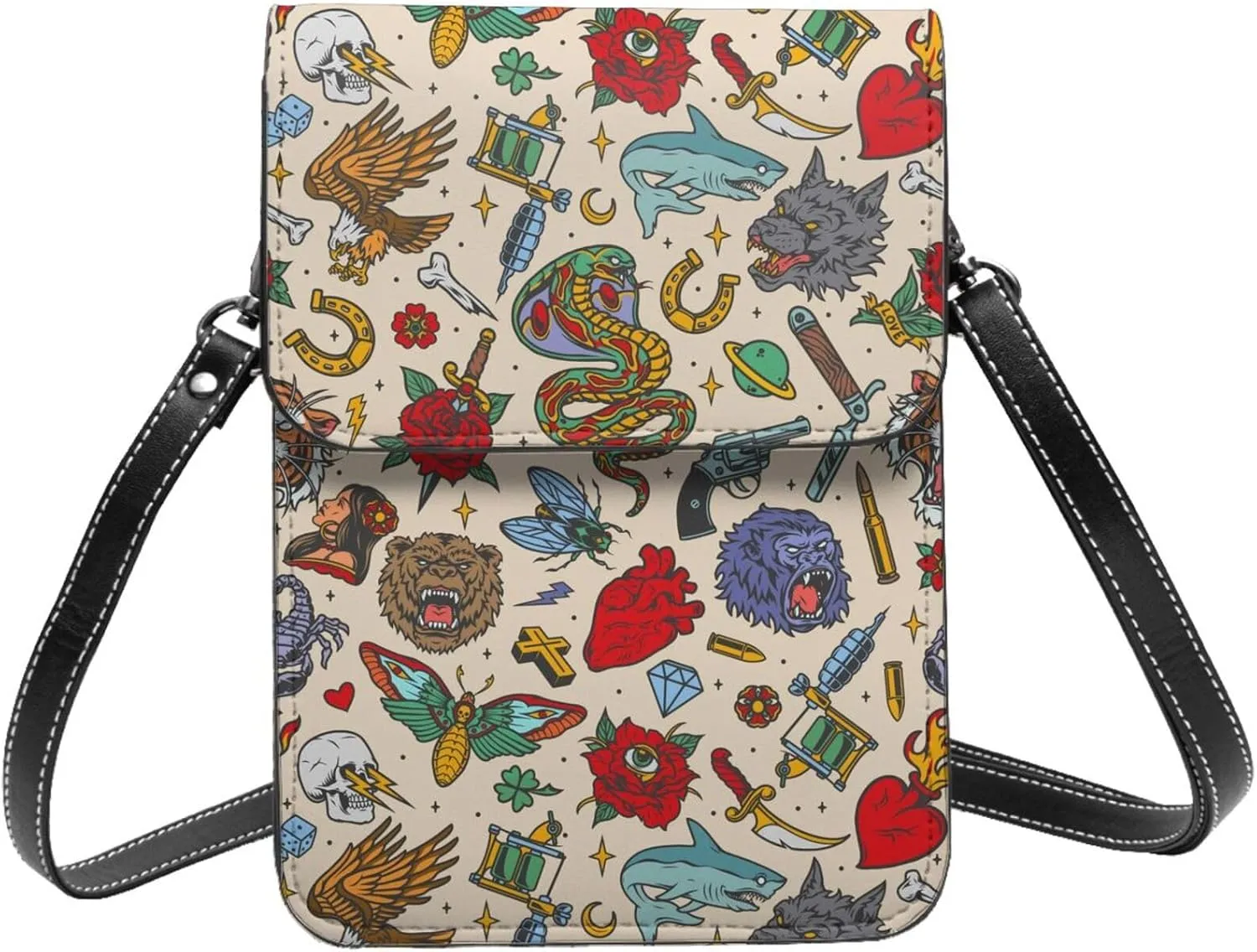 Small Crossbody Bags for Women, Leather Vintage Tattoo Elements Collage Cell Phone Cross Body Bag Wallet Purses