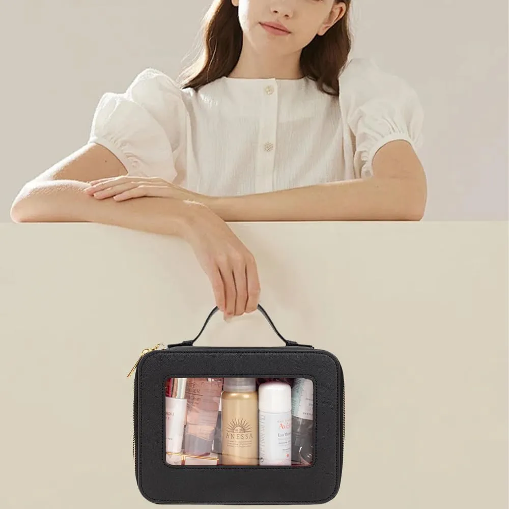 Small Makeup Case Organizer Travel Clear Cosmetic Bag for Women TSA Approved Portable Toiletry Bag Multipurpose Leather Makeup Bag Waterproof Leather Make Up Pouch with Zipper