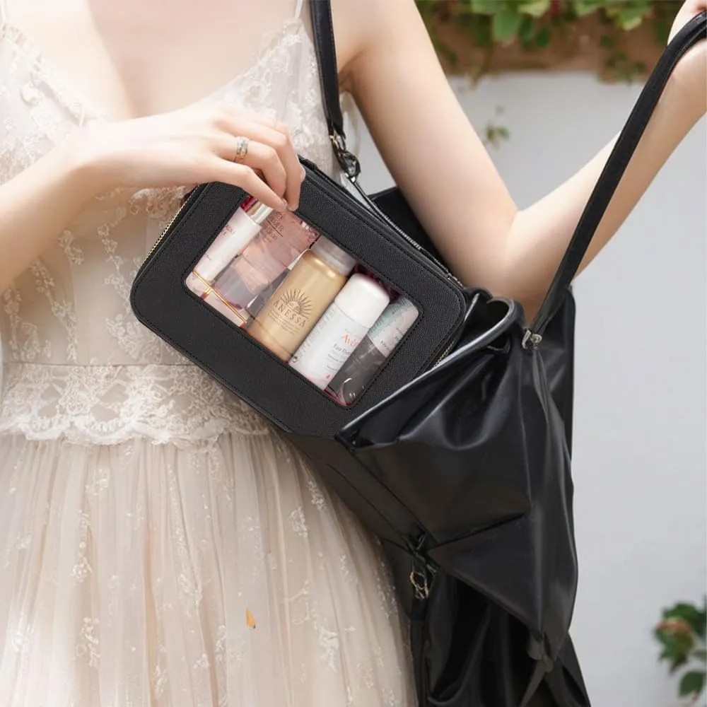 Small Makeup Case Organizer Travel Clear Cosmetic Bag for Women TSA Approved Portable Toiletry Bag Multipurpose Leather Makeup Bag Waterproof Leather Make Up Pouch with Zipper