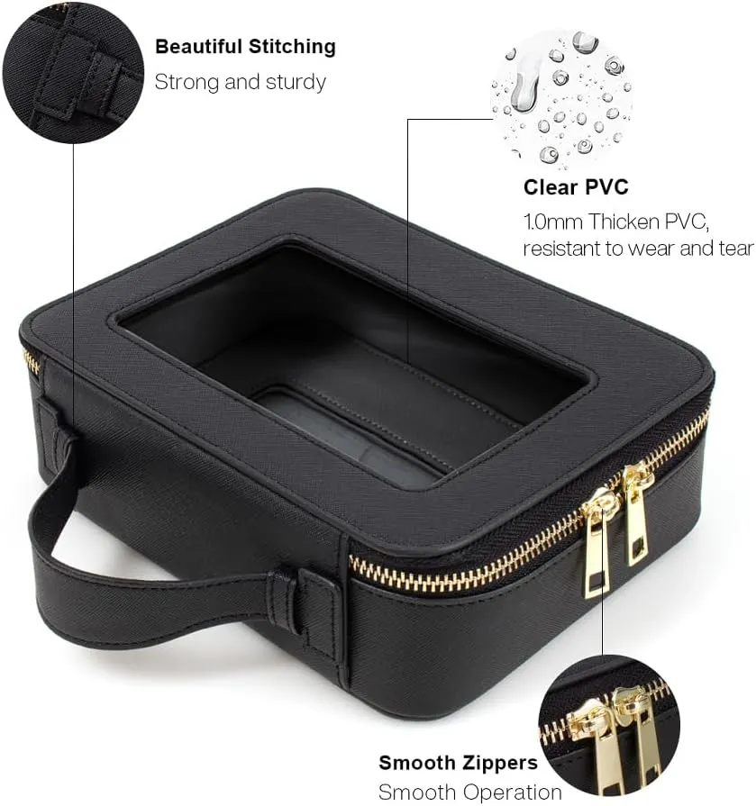 Small Makeup Case Organizer Travel Clear Cosmetic Bag for Women TSA Approved Portable Toiletry Bag Multipurpose Leather Makeup Bag Waterproof Leather Make Up Pouch with Zipper