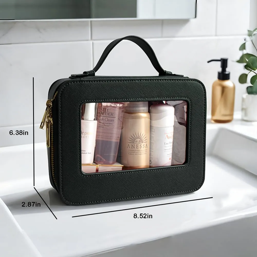 Small Makeup Case Organizer Travel Clear Cosmetic Bag for Women TSA Approved Portable Toiletry Bag Multipurpose Leather Makeup Bag Waterproof Leather Make Up Pouch with Zipper
