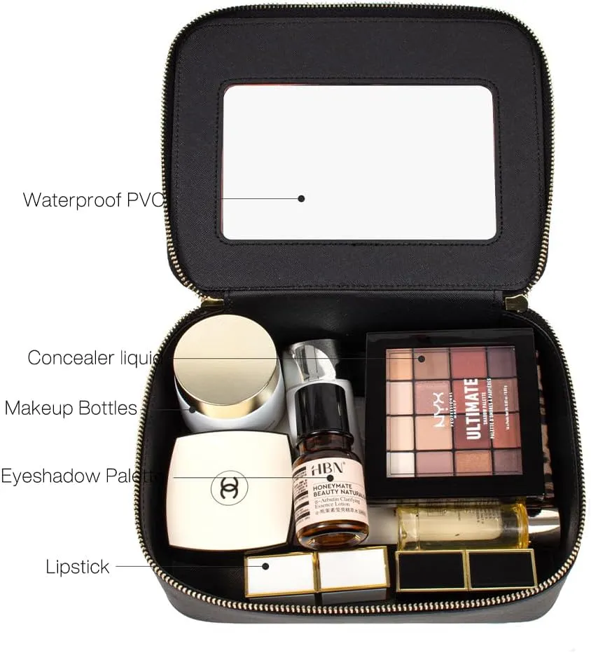 Small Makeup Case Organizer Travel Clear Cosmetic Bag for Women TSA Approved Portable Toiletry Bag Multipurpose Leather Makeup Bag Waterproof Leather Make Up Pouch with Zipper