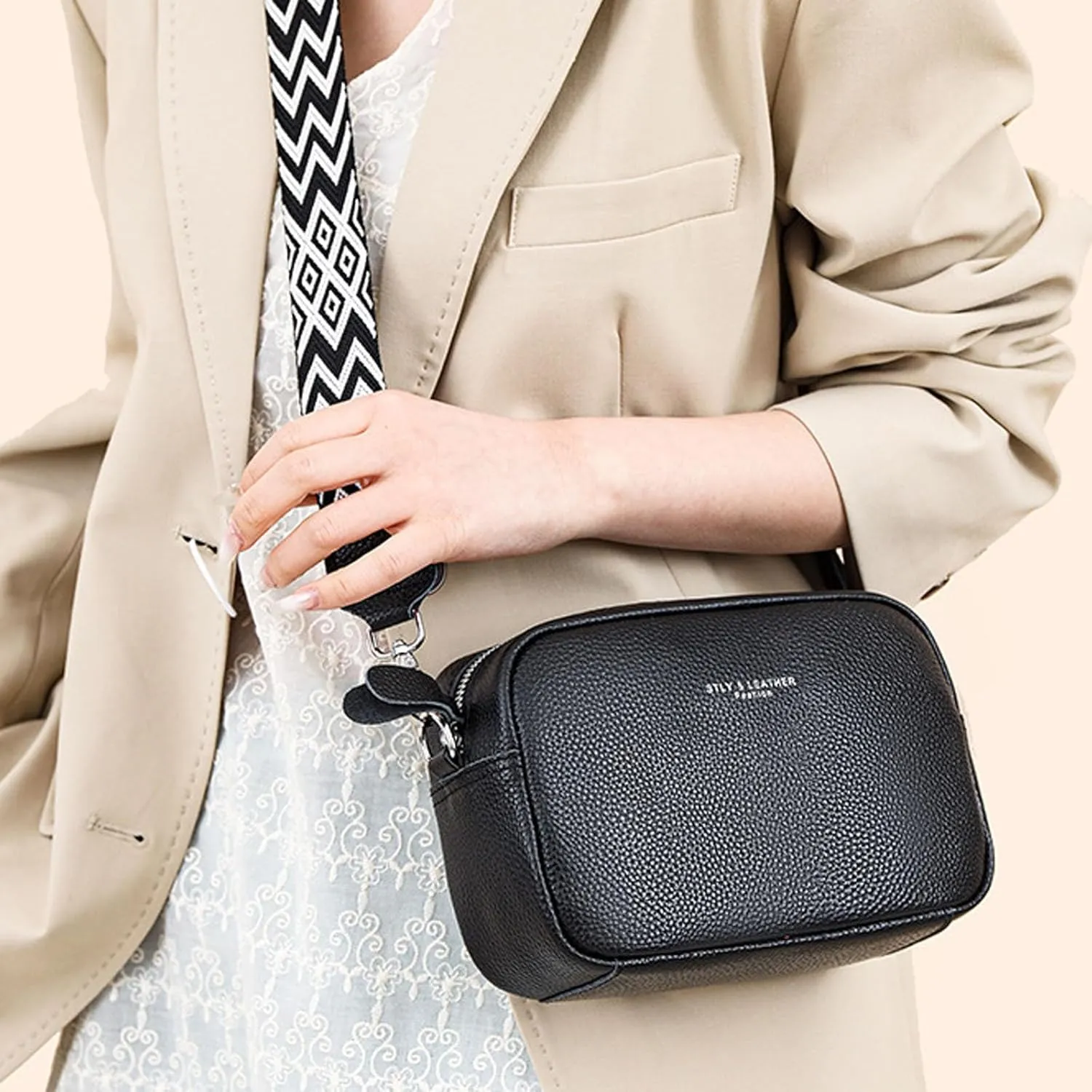 Small Square Bag Soft Crossbody Leather Bag Spring Model Female Shoulder Bags Camera Shoulder Bags (Beige, One Size)