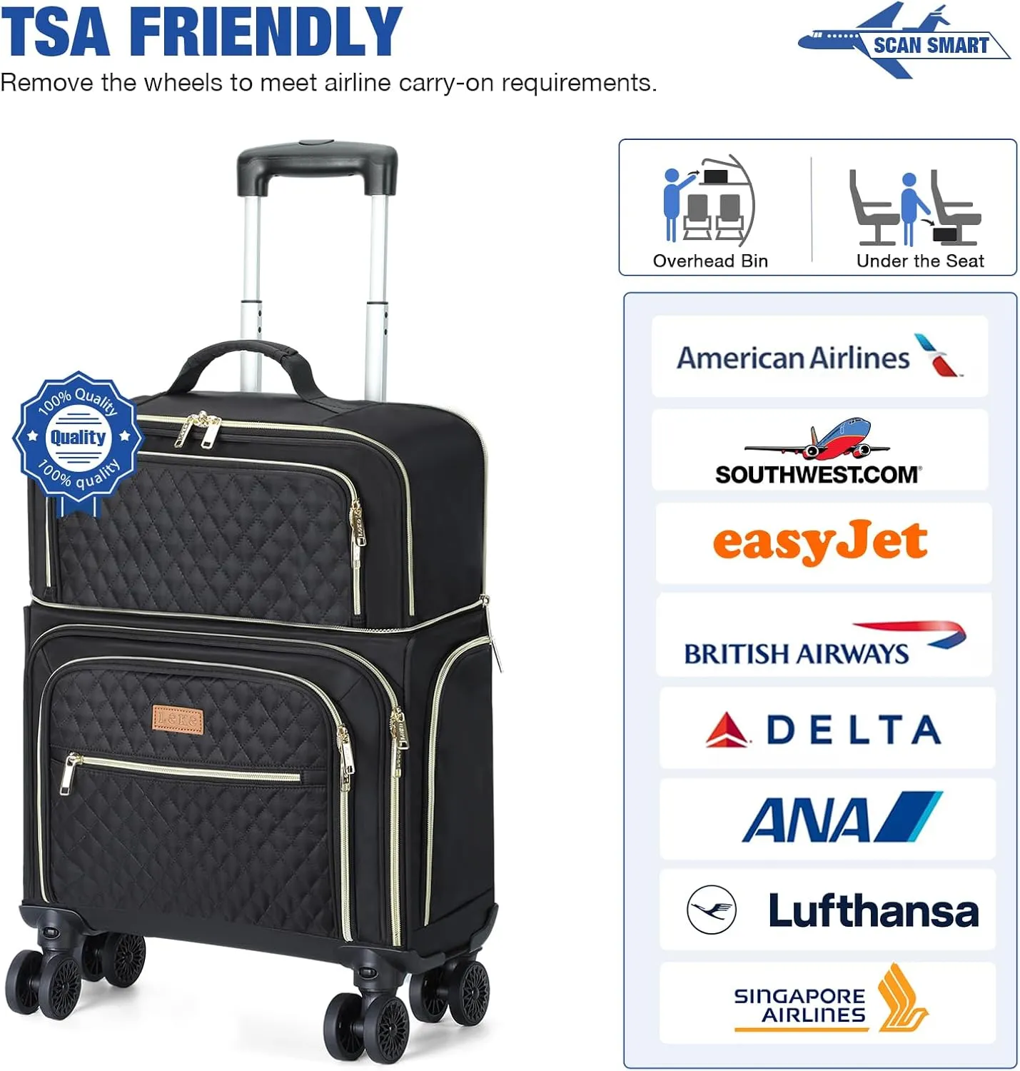 Softside Expandable Carry on Luggage with 4 Removable Spinner Wheels Black