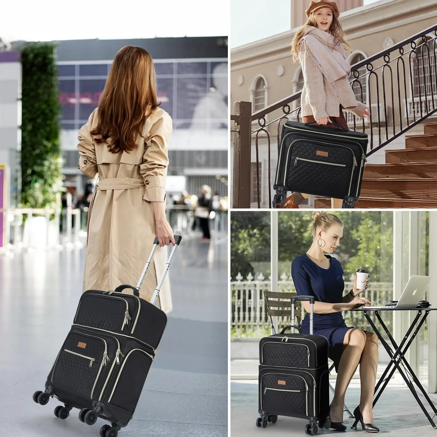 Softside Expandable Carry on Luggage with 4 Removable Spinner Wheels Black