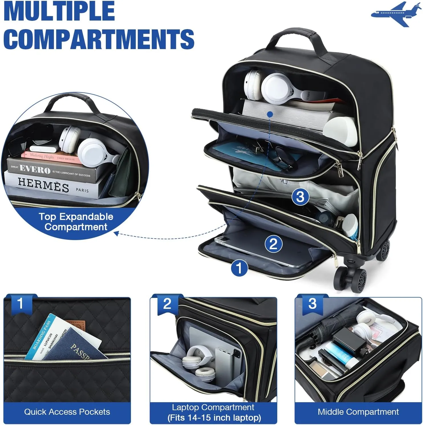 Softside Expandable Carry on Luggage with 4 Removable Spinner Wheels Black