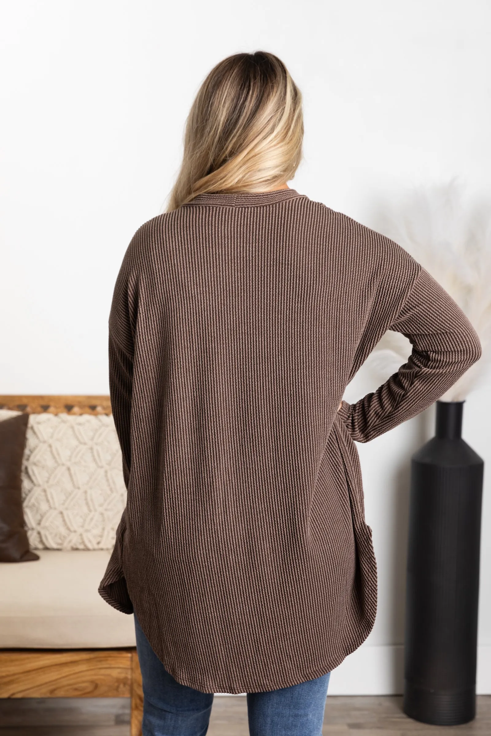 Solid Ribbed Cardigan With Pockets