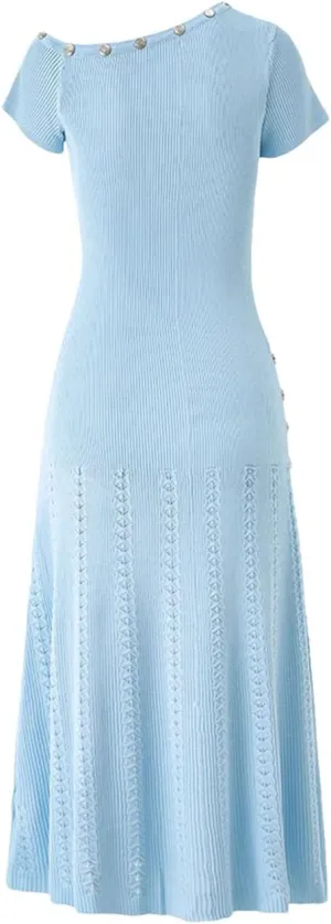 Solid Spliced Slimming Button Long Dresses for Women Short Sleeve High Waist Evening Dress