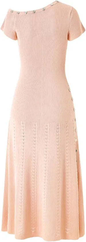 Solid Spliced Slimming Button Long Dresses for Women Short Sleeve High Waist Evening Dress