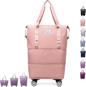 Sparkhomez Travel Bag with Wheels (Detachable), Lightweight Three-Layer Expandable Travel Bag, Large Capacity Dry and Wet Separation Storage Tote Bag, Waterproof and Wear-Resistant (Pink)