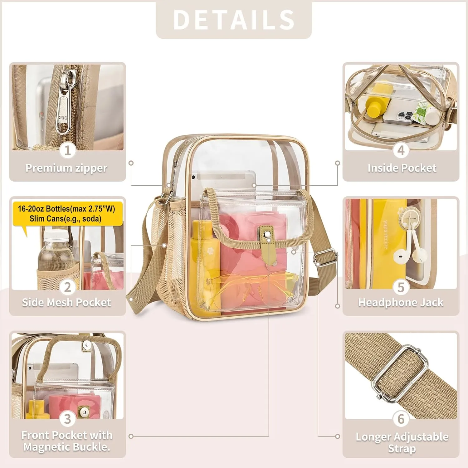 SPODEARS Clear Crossbody Bag for Stadium Events & Concerts - Adjustable Shoulder Strap Purse with 1 Bottle Holder
